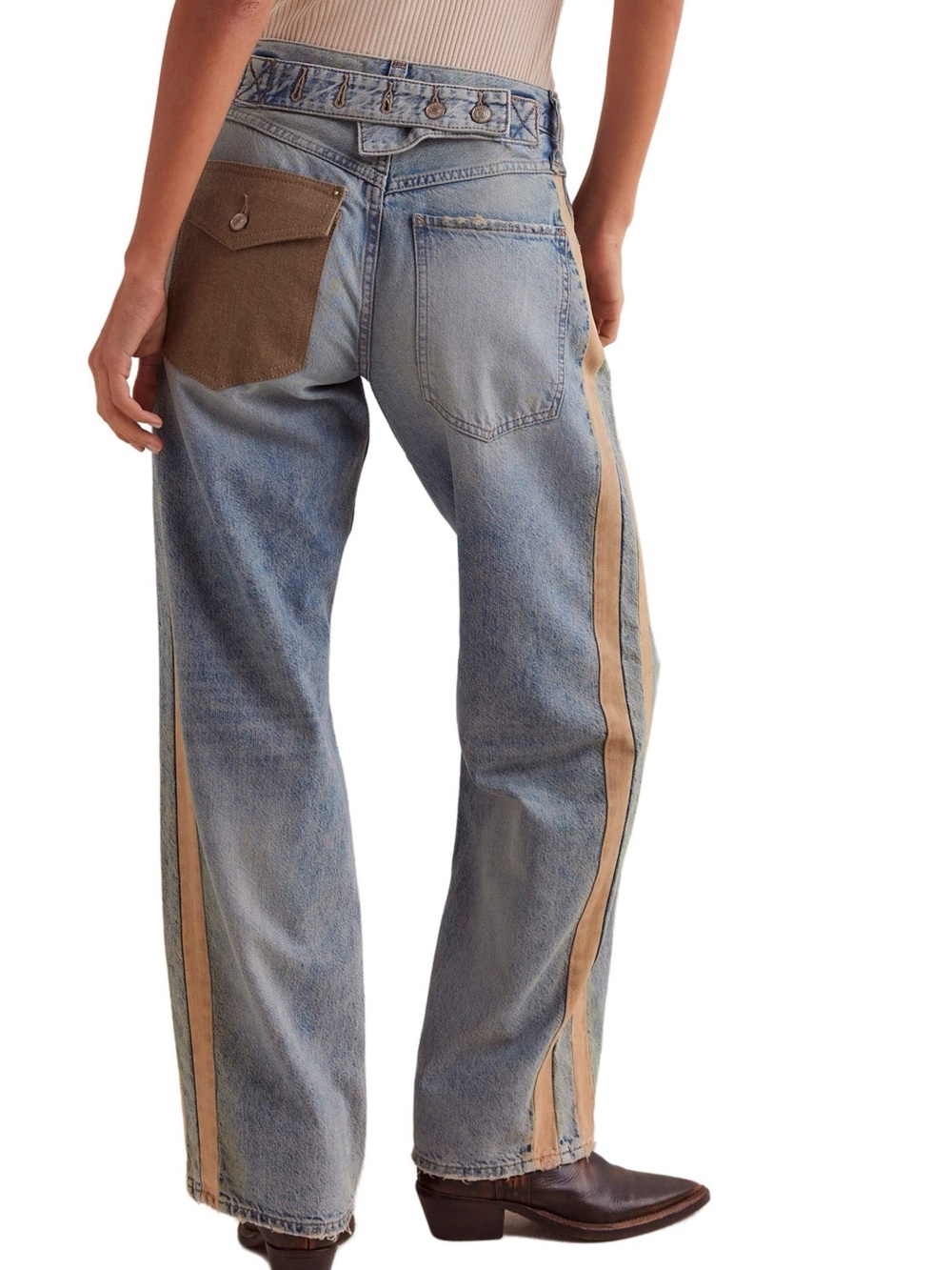 We The Free Zambi Slouchy Boyfriend Jeans in Faded Blue with Tan Stripes - Picture 2 of 16